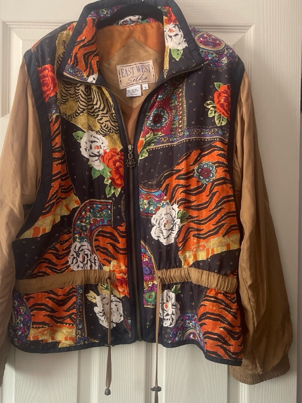 East West Silks Women's Multi-Print Windbreaker Jacket in Black and Tan